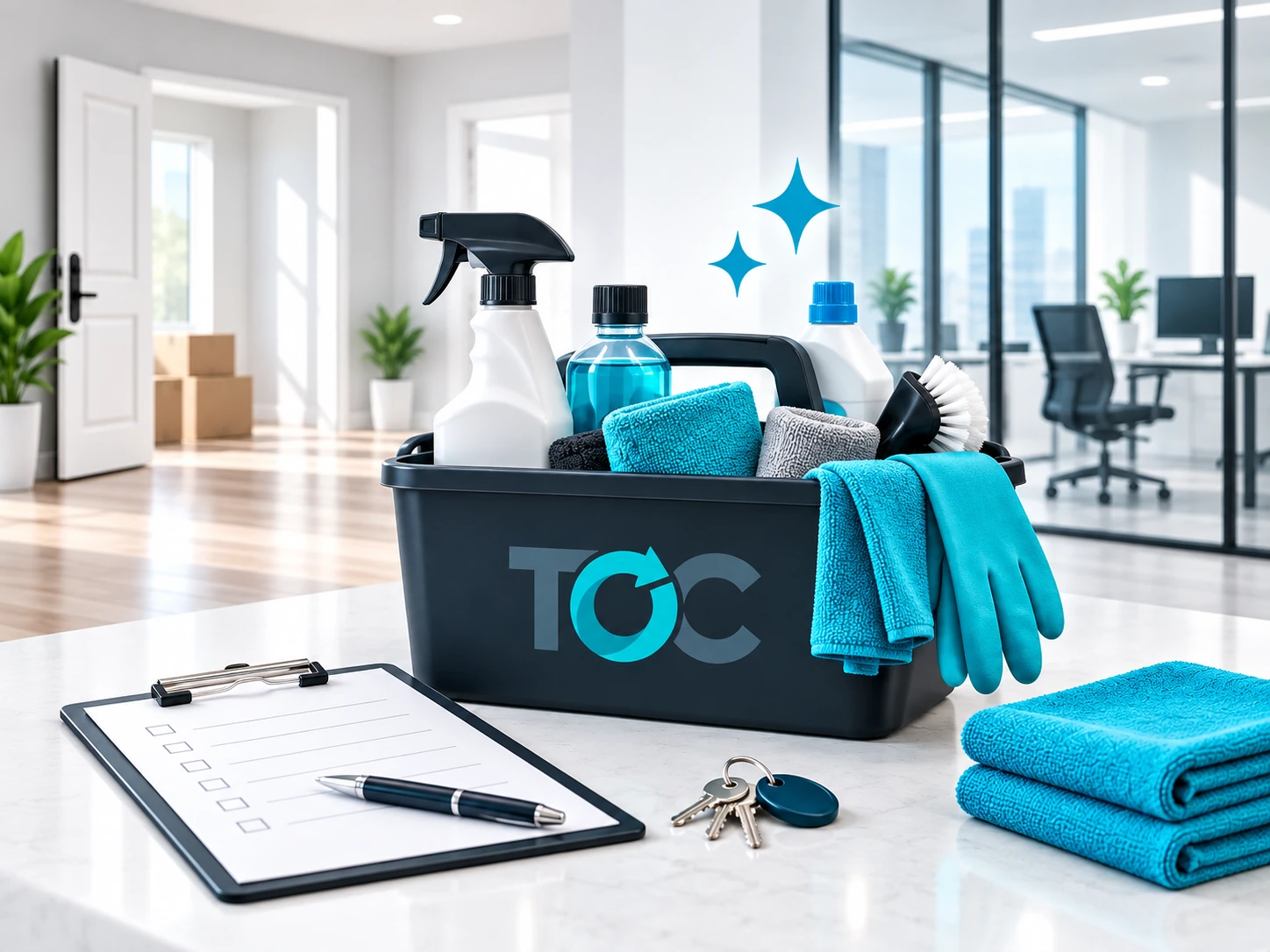 Turnover Craft cleaning kit with checklist in a professional residential and office cleaning environment