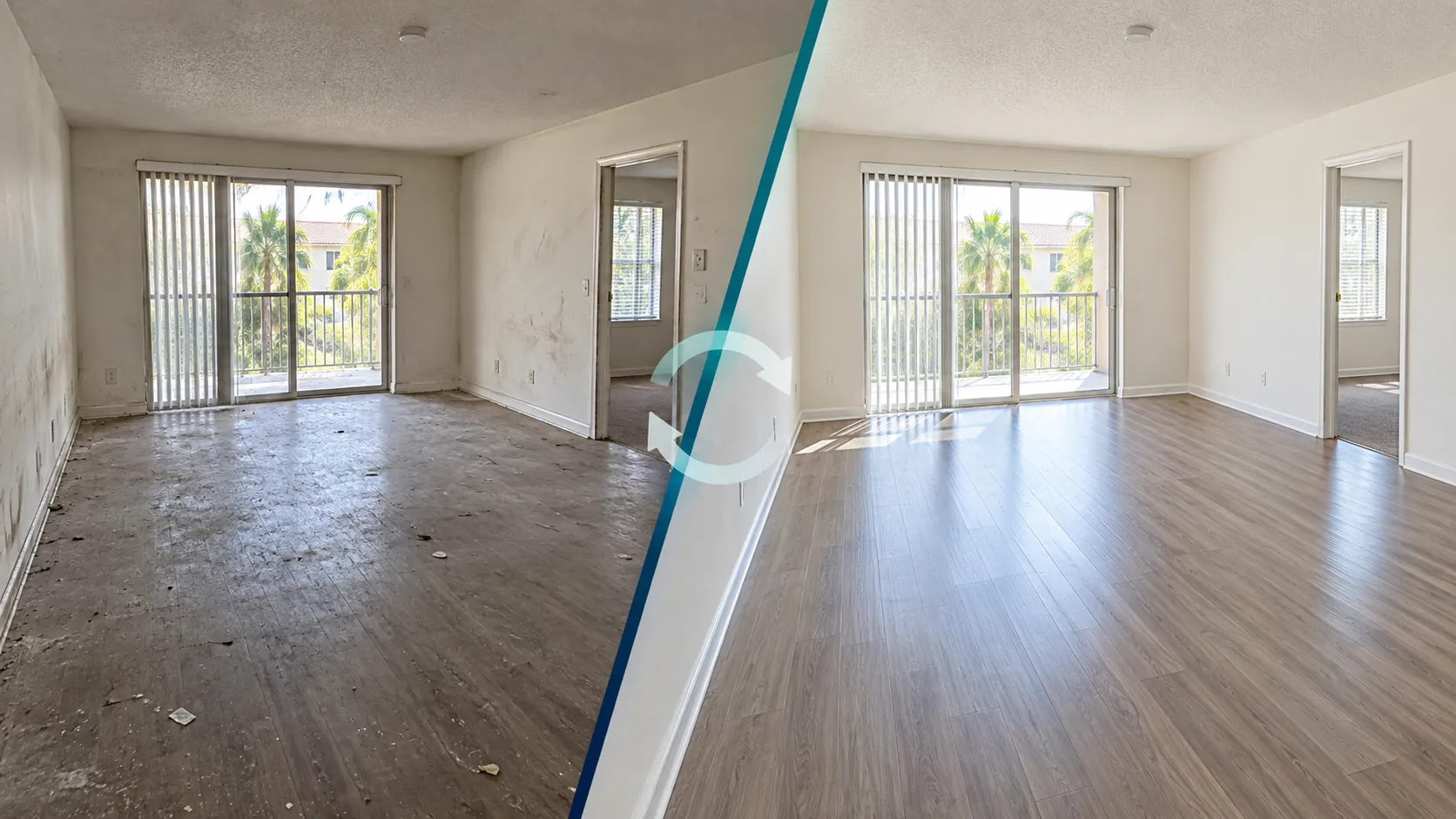 Before-and-after view of the same vacant apartment prepared for its next occupant